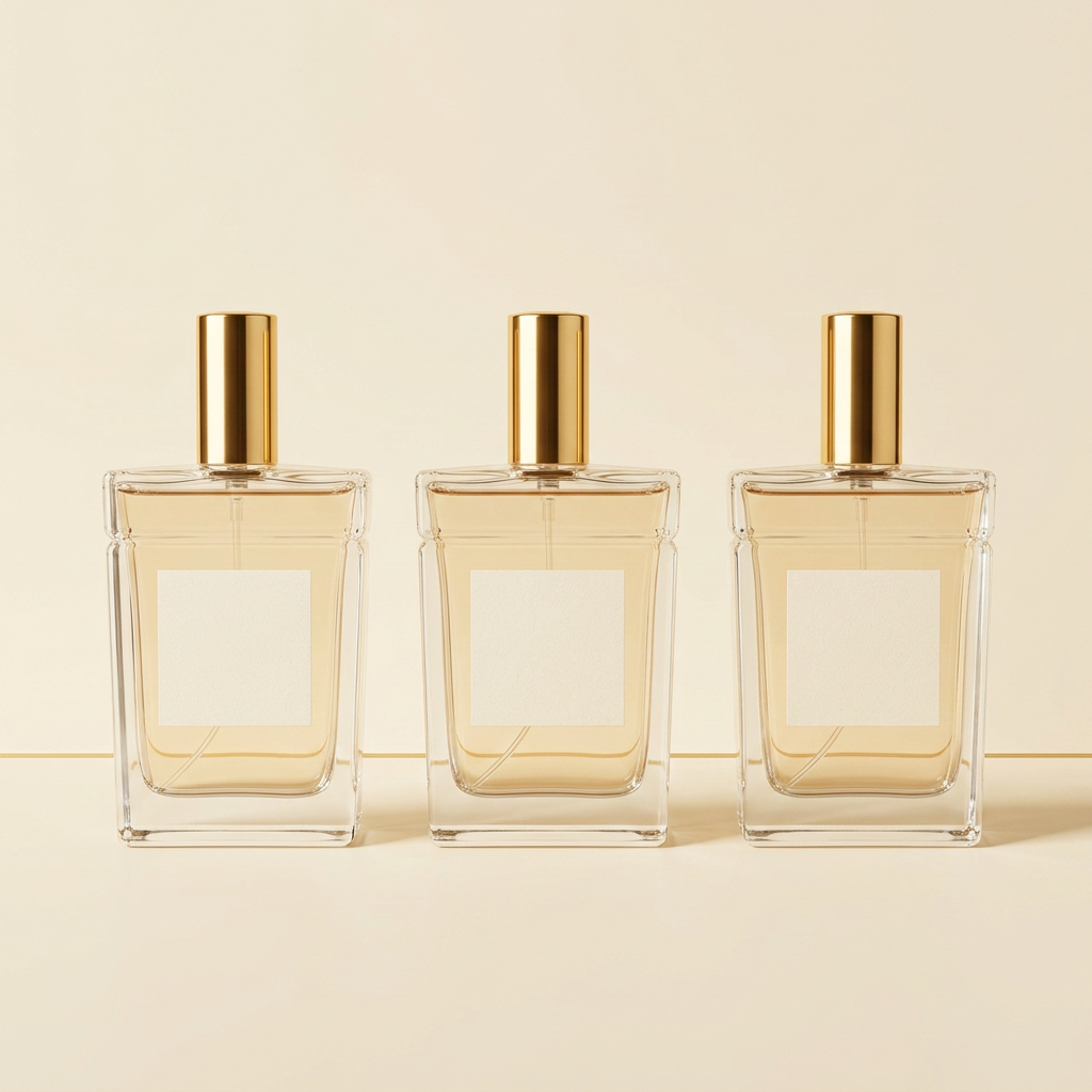 Selection of fragrance bottles arranged on ivory fabric