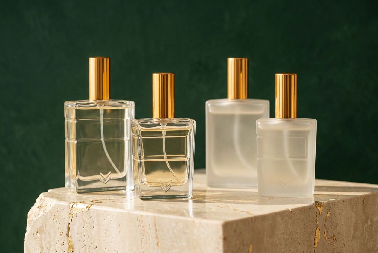 Two stylish South African adults holding a fragrance bottle in warm golden light